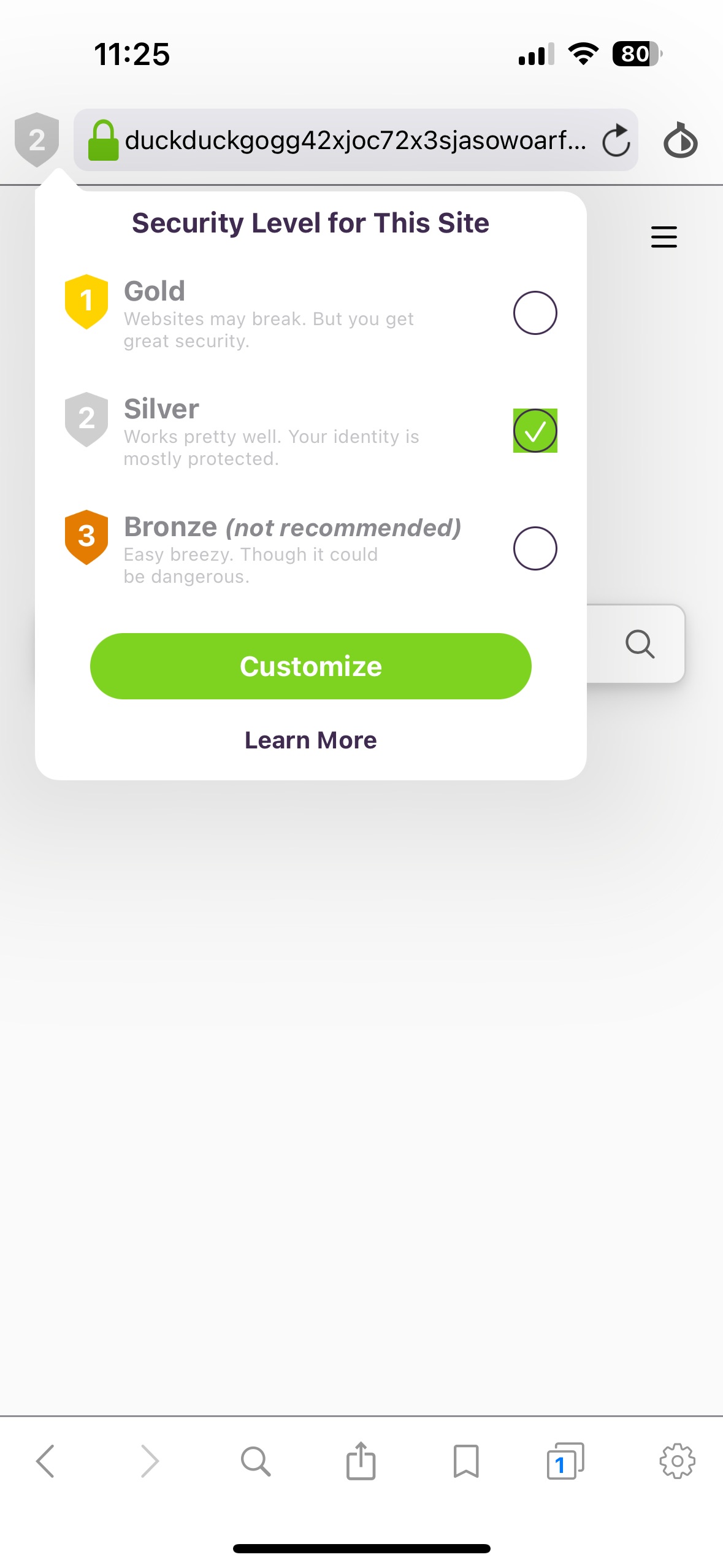 A screenshot showing the security level for this site settings and three options, Gold, Silver, and Bronze